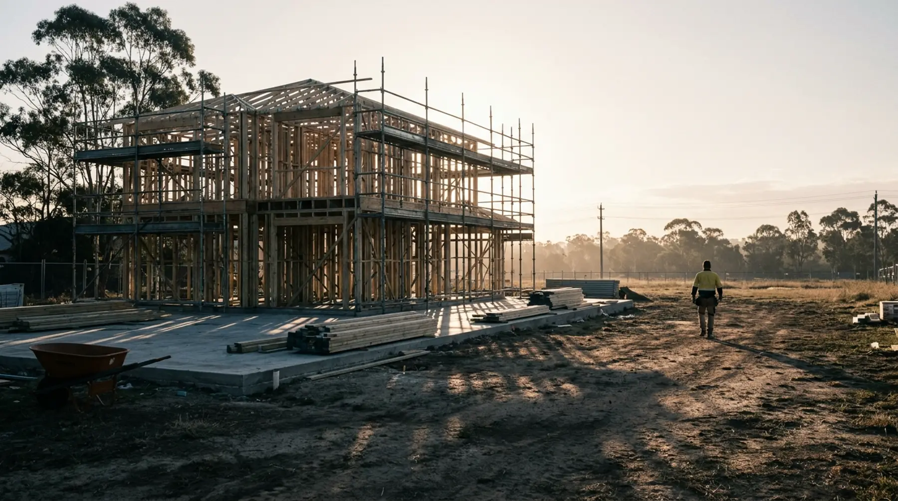 A timber-framed house under construction at sunrise, scaffolding up and a builder walking the site