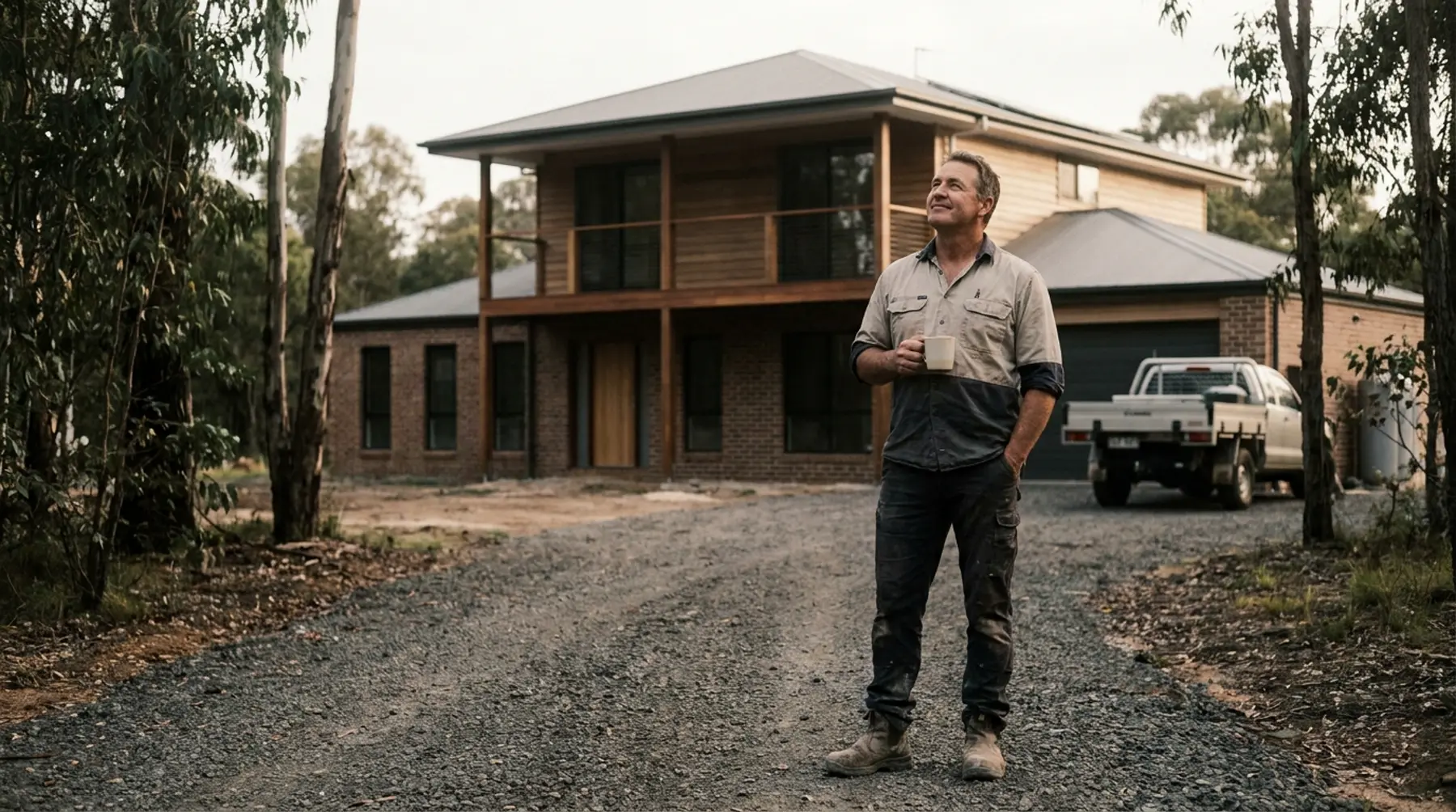 A builder standing on the driveway of a completed house with a coffee, looking relaxed